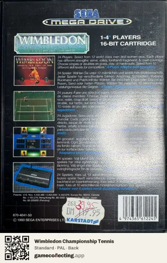 Wimbledon Championship Tennis Sega Mega Drive / Genesis, PAL box back