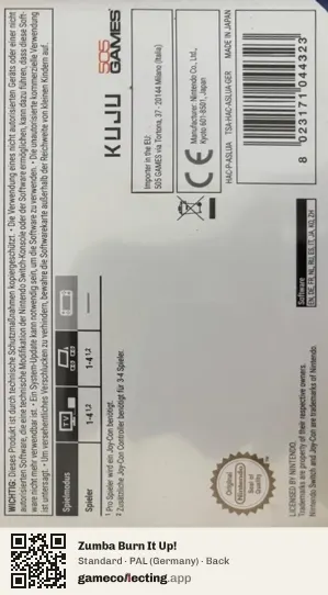 Zumba Burn It Up! Nintendo Switch, Germany box back