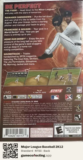 Major League Baseball 2K12 PlayStation Portable, NTSC box back