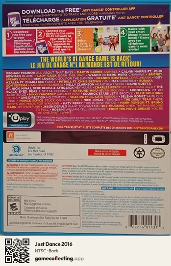 Just Dance 2016 Nintendo Wii U, NTSC box back