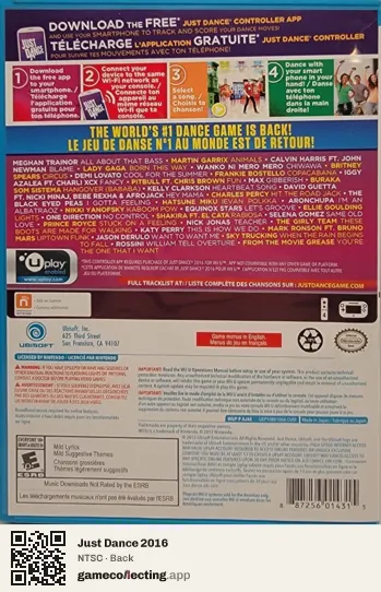 Just Dance 2016 Nintendo Wii U, NTSC box back