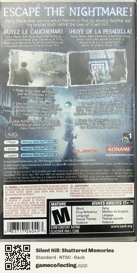 Silent Hill: Shattered Memories PlayStation Portable, NTSC box back