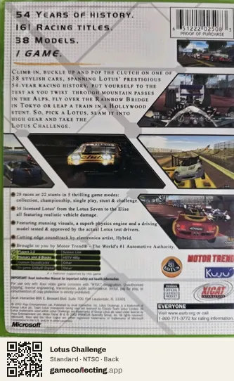 Lotus Challenge Xbox, NTSC box back