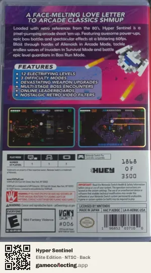 Hyper Sentinel Nintendo Switch, NTSC box back