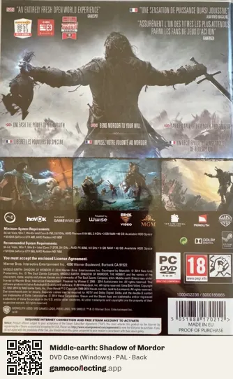 Middle-earth: Shadow of Mordor Computer, PAL box back