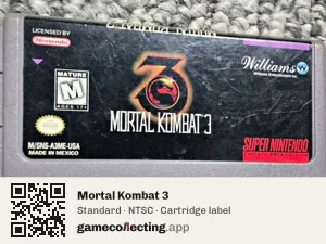 Mortal Kombat 3 Super Nintendo Entertainment System, NTSC cartridge label