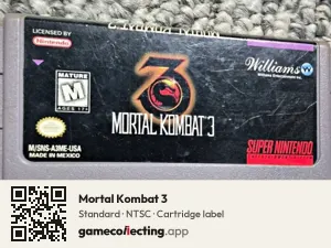 Mortal Kombat 3 Super Nintendo Entertainment System, NTSC cartridge label