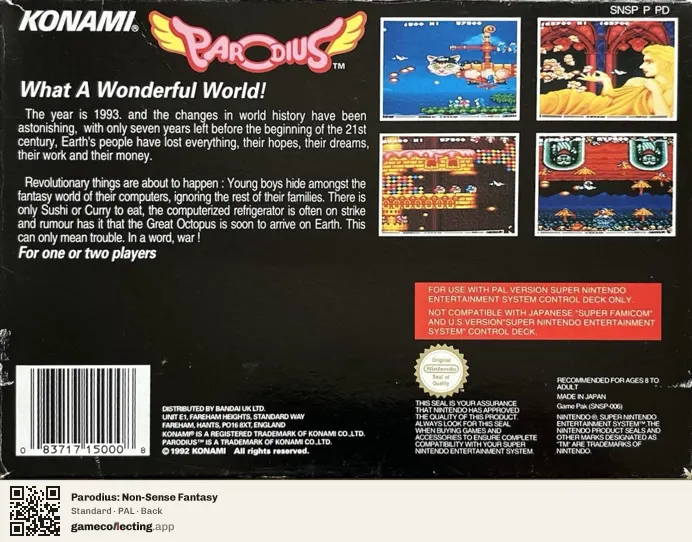 Parodius: Non-Sense Fantasy Super Nintendo Entertainment System, PAL box back