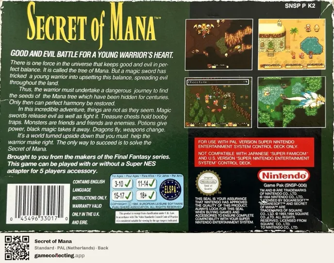 Secret of Mana Super Nintendo Entertainment System, Netherlands box back