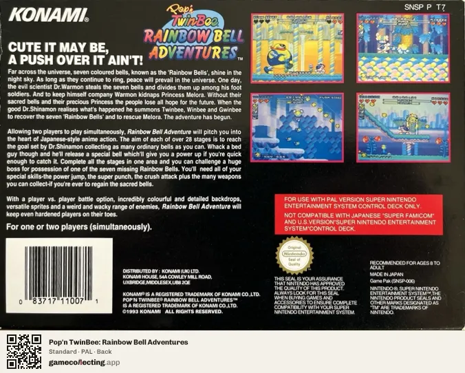Pop'n TwinBee: Rainbow Bell Adventures Super Nintendo Entertainment System, PAL box back