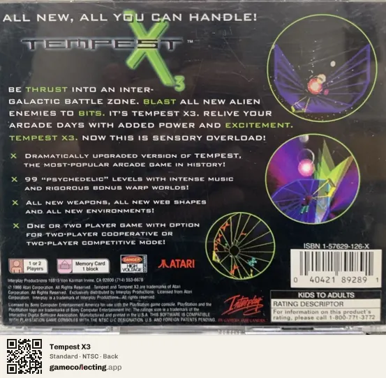 Tempest X3 PlayStation, NTSC box back