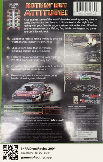 IHRA Drag Racing 2004 Xbox, NTSC box back