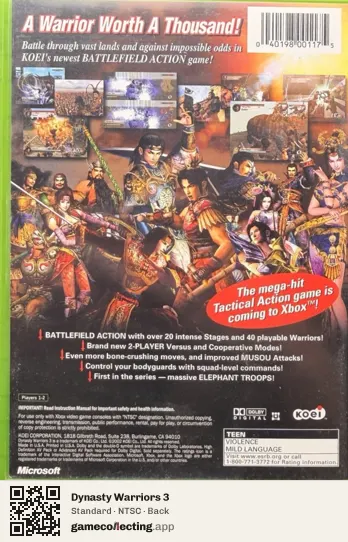 Dynasty Warriors 3 Xbox, NTSC box back