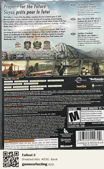 Fallout 3 Xbox 360, NTSC box back