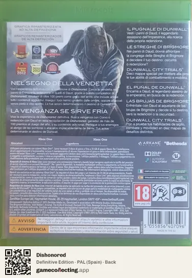 Dishonored Xbox One, Spain box back