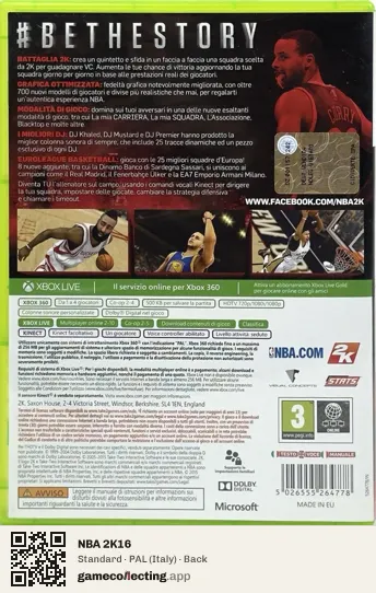 NBA 2K16 Xbox 360, Italy box back
