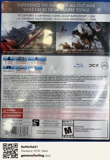 Battlefield 1 PlayStation 4, NTSC box back