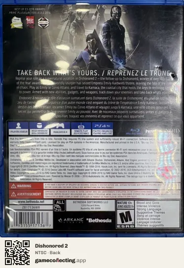 Dishonored 2 PlayStation 4, NTSC box back