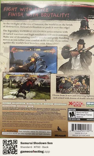 Samurai Shodown Sen Xbox 360, NTSC box back