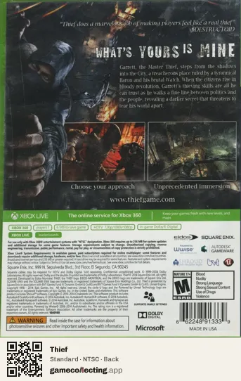 Thief Xbox 360, NTSC box back