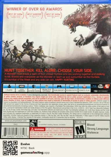 Evolve PlayStation 4, NTSC box back