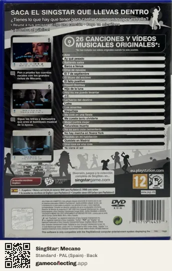 SingStar: Mecano PlayStation 2, Spain box back