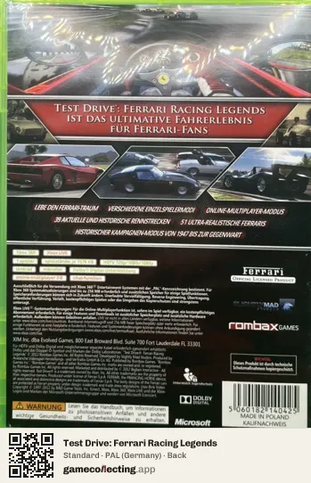 Test Drive: Ferrari Racing Legends Xbox 360, Germany box back