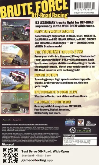 Test Drive Off-Road: Wide Open Xbox, NTSC box back
