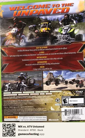 MX vs. ATV Untamed Xbox 360, NTSC box back