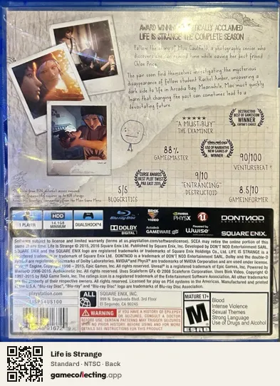 Life is Strange PlayStation 4, NTSC box back