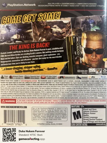 Duke Nukem Forever PlayStation 3, NTSC box back