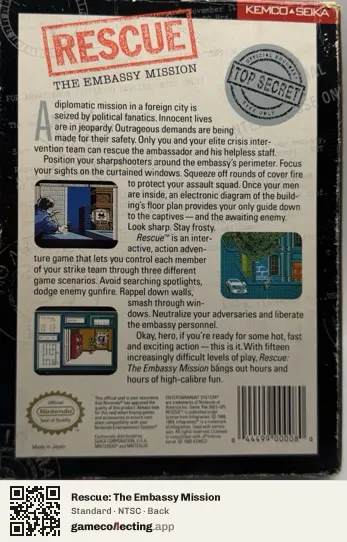 Rescue: The Embassy Mission Nintendo Entertainment System, NTSC box back