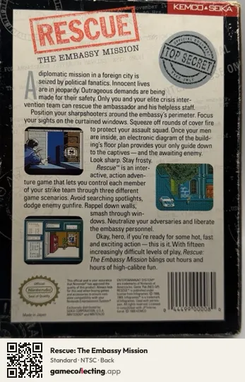 Rescue: The Embassy Mission Nintendo Entertainment System, NTSC box back
