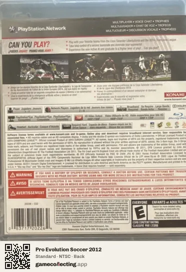 Pro Evolution Soccer 2012 PlayStation 3, NTSC box back