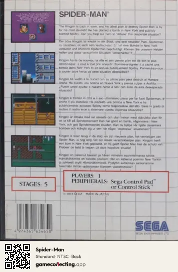 Spider-Man Sega Master System, NTSC box back