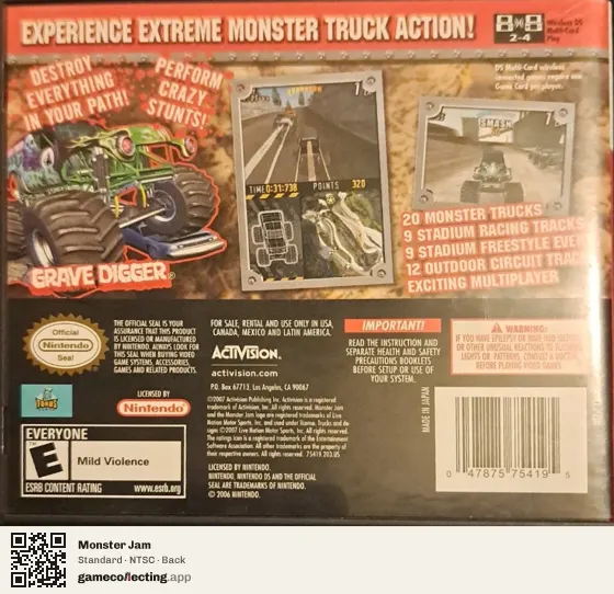 Monster Jam Nintendo DS, NTSC box back
