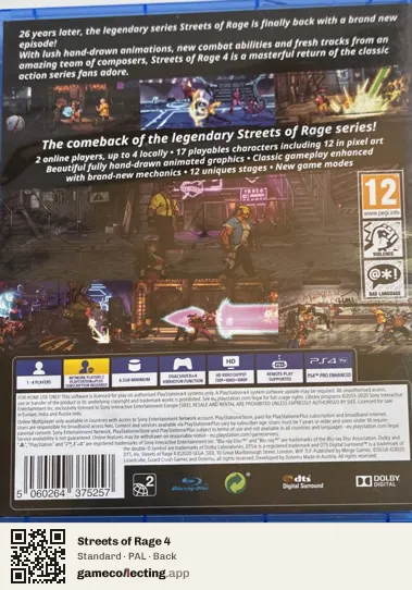 Streets of Rage 4 PlayStation 4, PAL box back