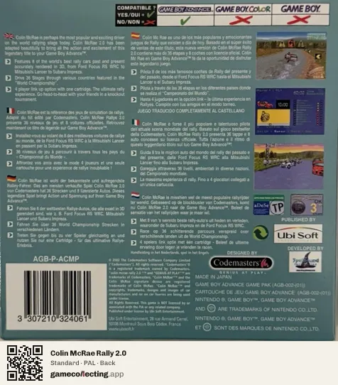 Colin McRae Rally 2.0 Game Boy Advance, PAL box back