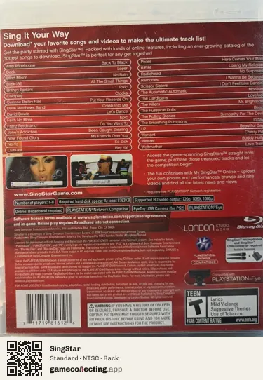 SingStar PlayStation 3, NTSC box back
