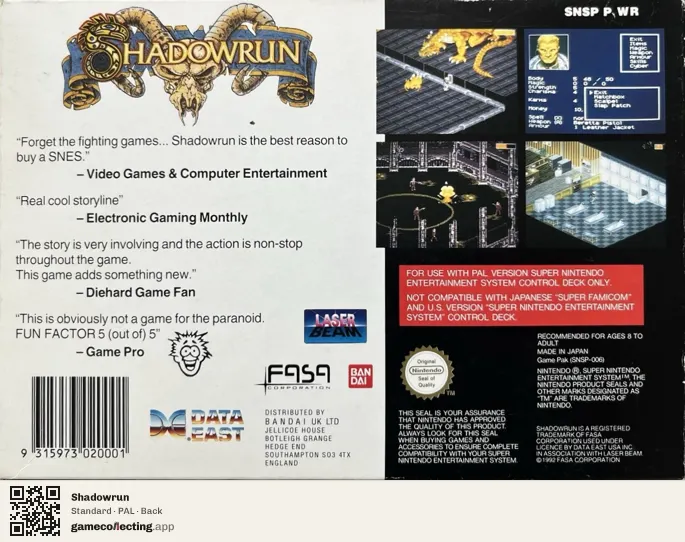 Shadowrun Super Nintendo Entertainment System, PAL box back