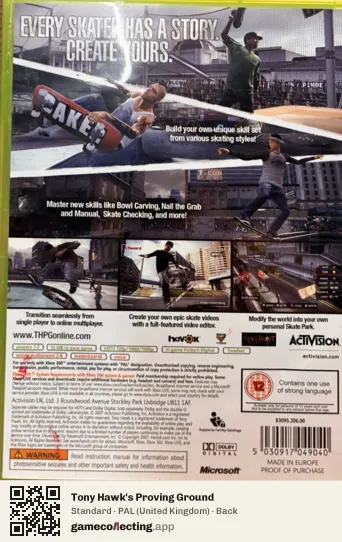 Tony Hawk's Proving Ground Xbox 360, United Kingdom box back
