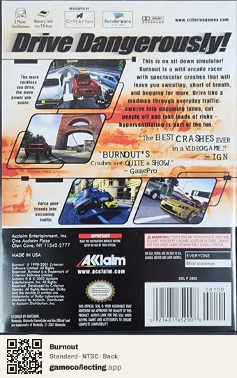 Burnout Nintendo GameCube, NTSC box back