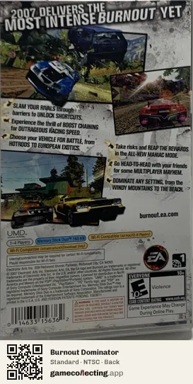 Burnout Dominator PlayStation Portable, NTSC box back