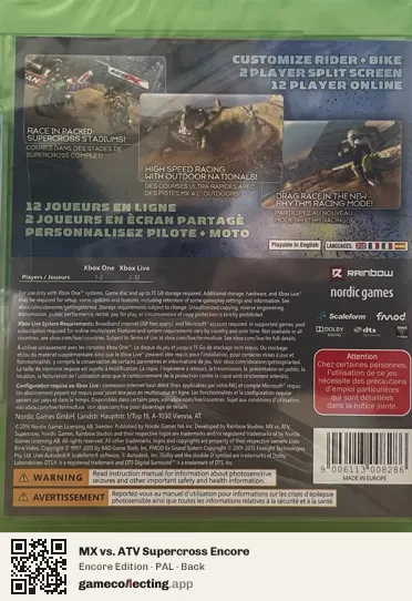 MX vs. ATV Supercross Encore Xbox One, PAL box back