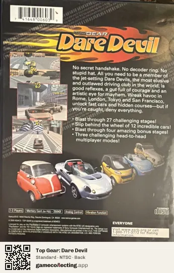Top Gear: Dare Devil PlayStation 2, NTSC box back