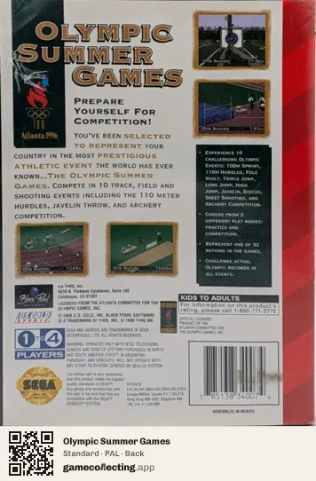 Olympic Summer Games Sega Mega Drive / Genesis, PAL box back