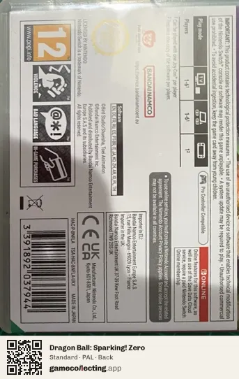 Dragon Ball: Sparking! Zero Nintendo Switch, PAL box back