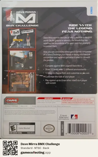 Dave Mirra BMX Challenge Nintendo Wii, NTSC box back