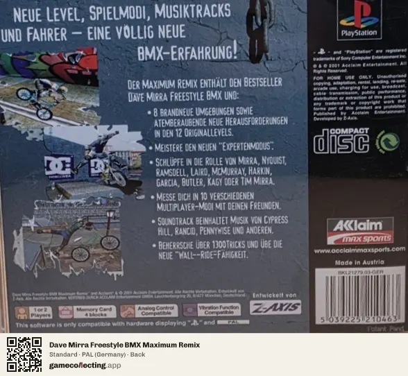 Dave Mirra Freestyle BMX Maximum Remix PlayStation, Germany box back