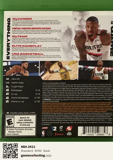 NBA 2K21 Xbox One, NTSC box back